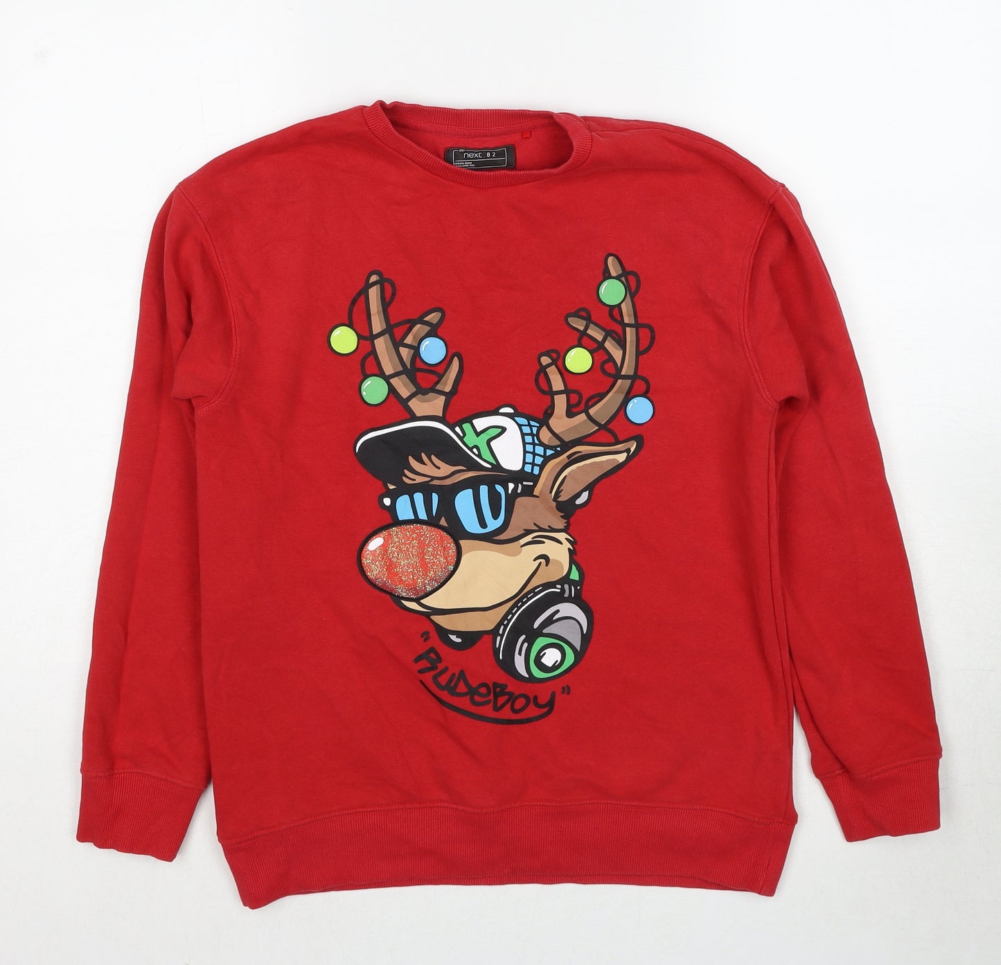 NEXT Boys Red Cotton Pullover Sweatshirt Size 12 Years Pullover - Rudeboy, Christmas Reindeer