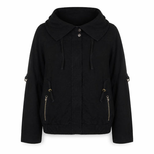 Front view of Next women’s black cotton jacket, size UK 14, zip