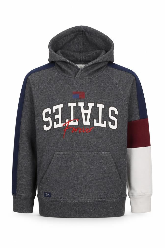 Front view of Zara boys’ grey cotton pullover hoodie, size 7, years pullover - states forever