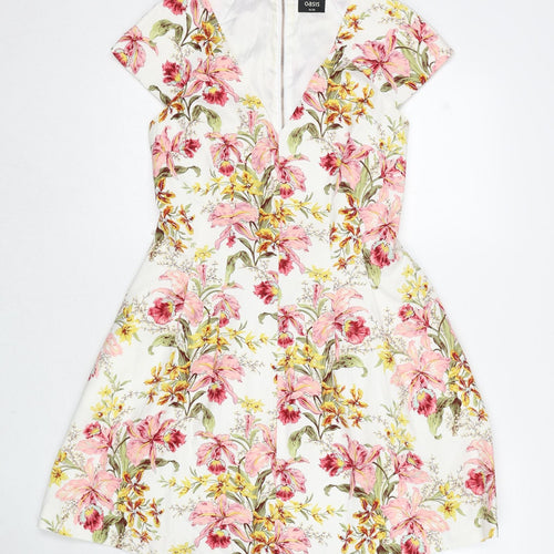 Oasis Womens Multicoloured Floral Cotton A-Line Size 10 V-Neck Zip