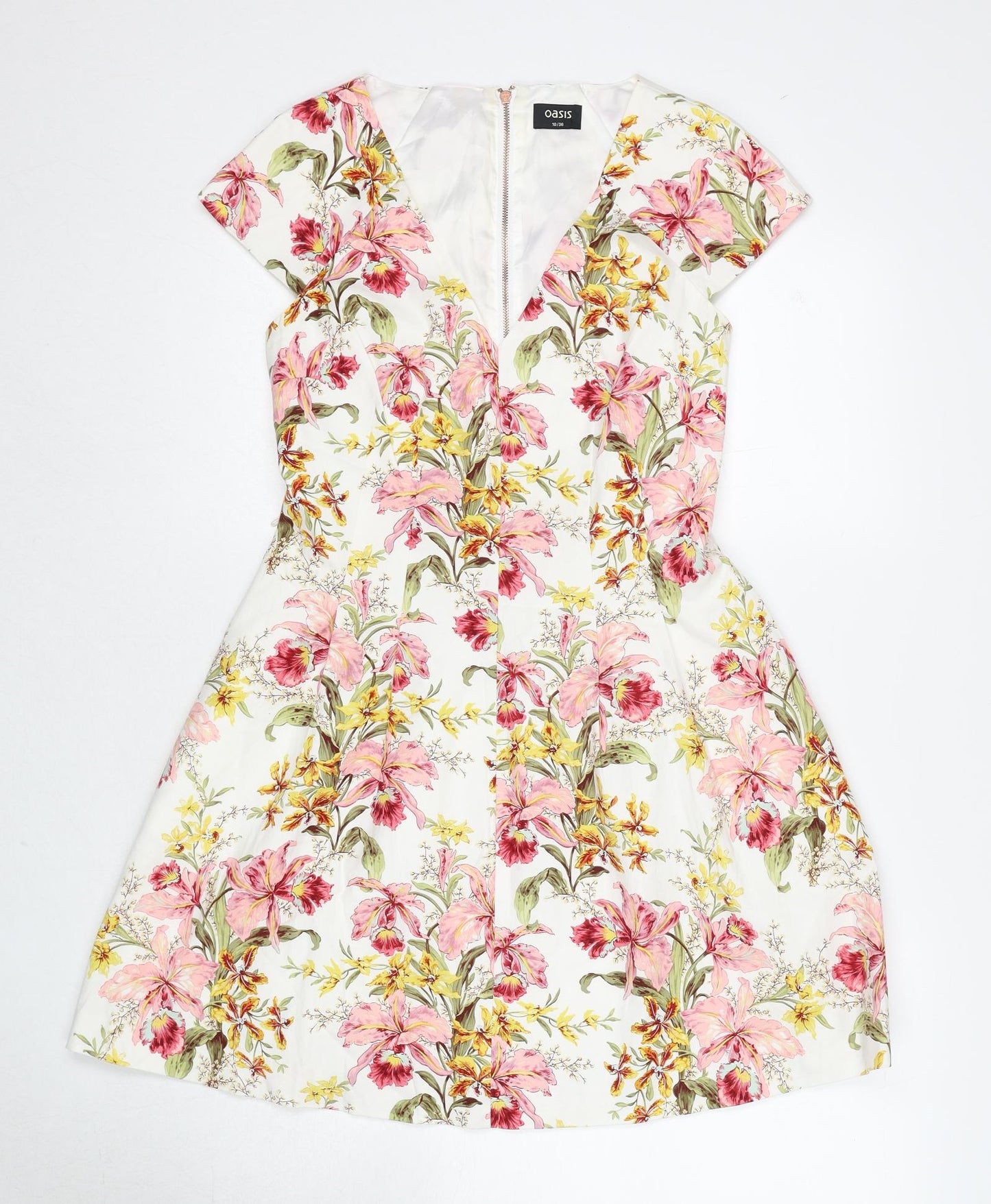 Oasis Womens Multicoloured Floral Cotton A-Line Size 10 V-Neck Zip