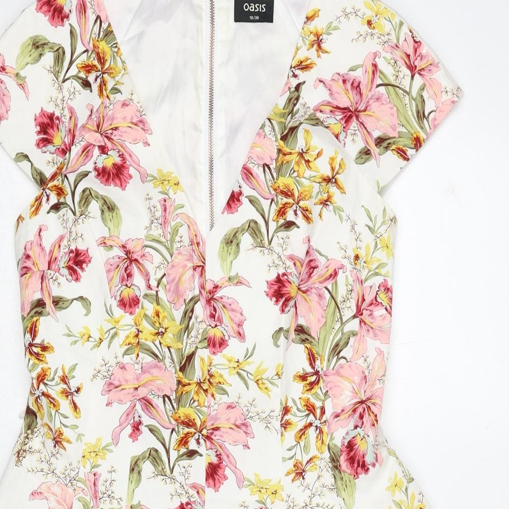 Oasis Womens Multicoloured Floral Cotton A-Line Size 10 V-Neck Zip