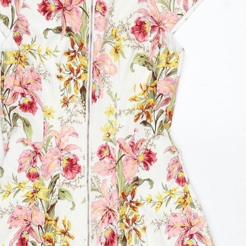 Oasis Womens Multicoloured Floral Cotton A-Line Size 10 V-Neck Zip