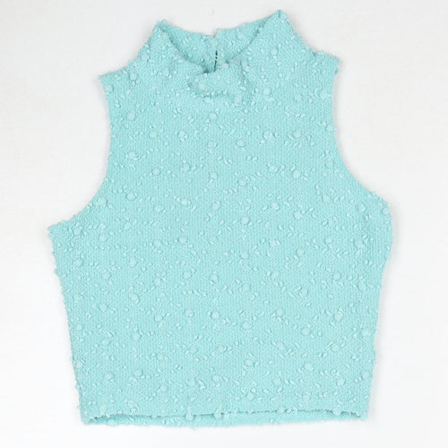 Republic Womens Blue Geometric Polyester Cropped Tank Size S Round Neck