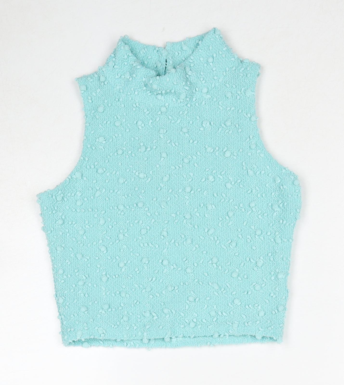 Republic Womens Blue Geometric Polyester Cropped Tank Size S Round Neck