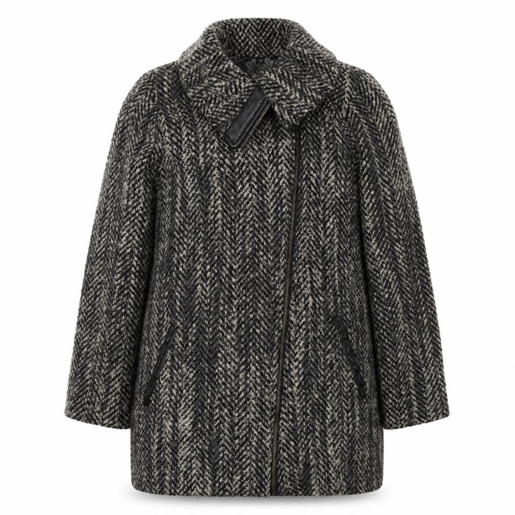 Front view of Label Lab women’s grey herringbone overcoat coat, size UK 16, zip