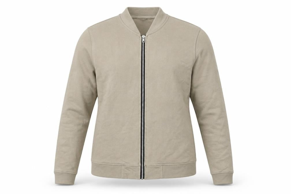 Front view of Missguided women’s beige polyester full zip hoodie, size UK 12, zip