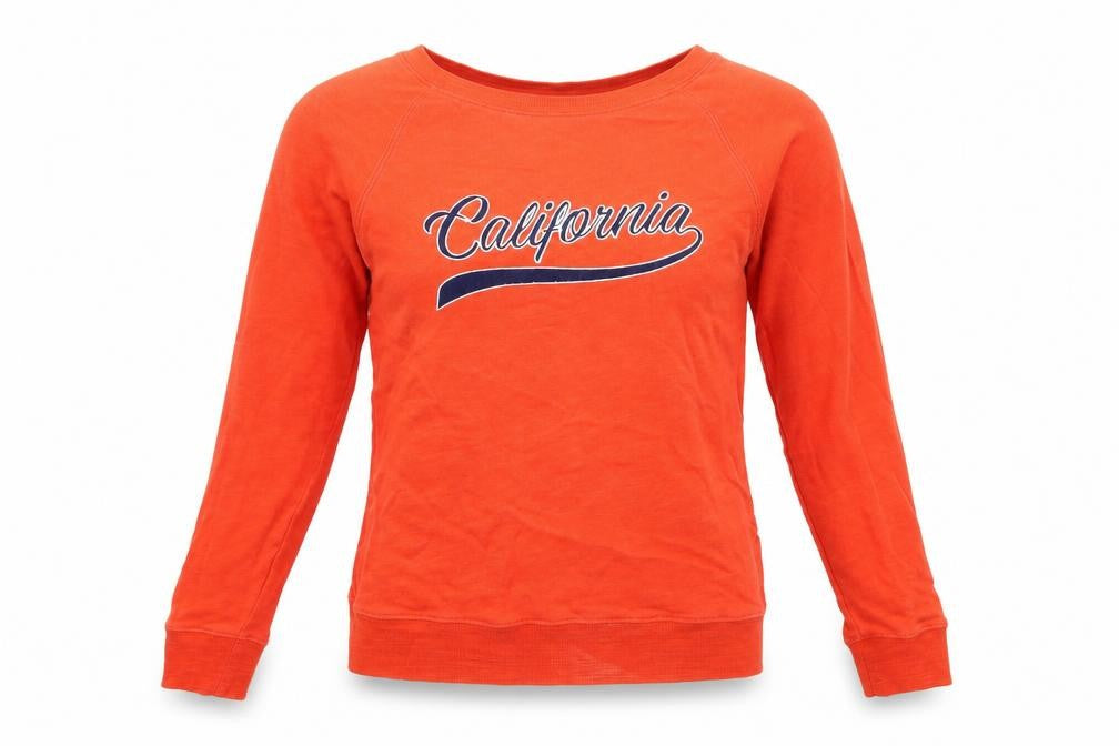 Front view of Marks & Spencer women’s orange cotton pullover sweatshirt, size UK 6, pullover - california