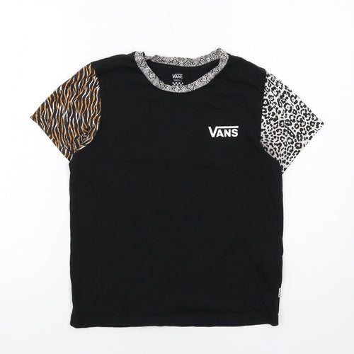 VANS Womens Black Cotton Basic T-Shirt Size S Round Neck - Animal Print Sleeve