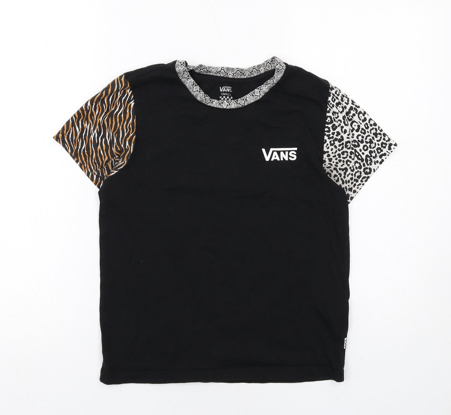 VANS Womens Black Cotton Basic T-Shirt Size S Round Neck - Animal Print Sleeve