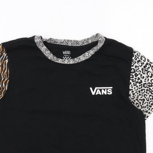 VANS Womens Black Cotton Basic T-Shirt Size S Round Neck - Animal Print Sleeve