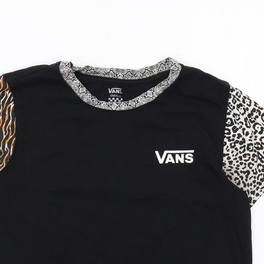 VANS Womens Black Cotton Basic T-Shirt Size S Round Neck - Animal Print Sleeve
