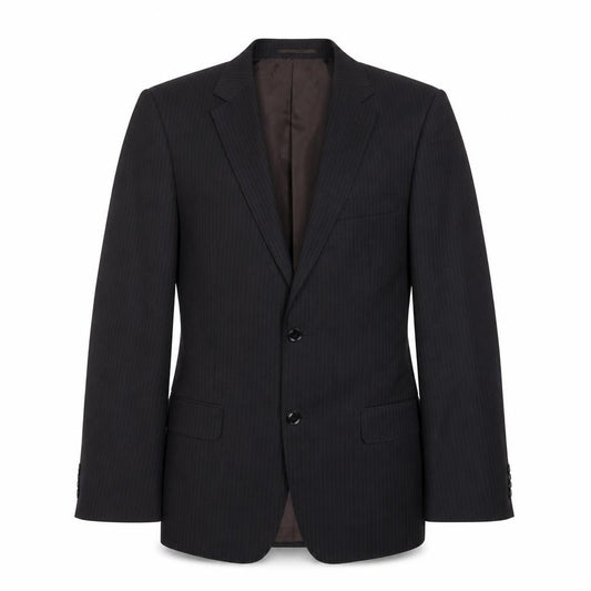 Front view of Butler & Webb men’s black striped polyester jacket suit jacket, size 38, regular