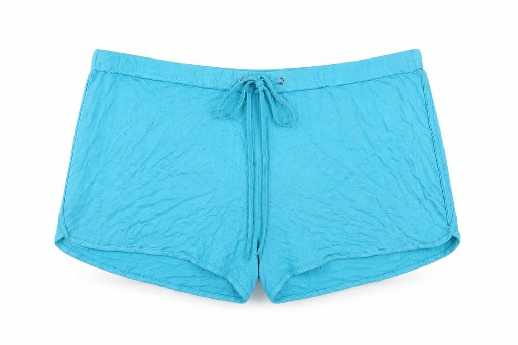 Front view of Be You women’s blue viscose hot pants shorts, size UK 24, regular drawstring