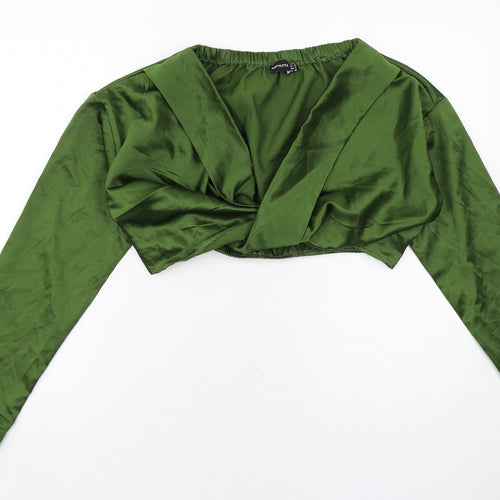 PRETTYLITTLETHING Womens Green Polyester Cropped Blouse Size 12 V-Neck