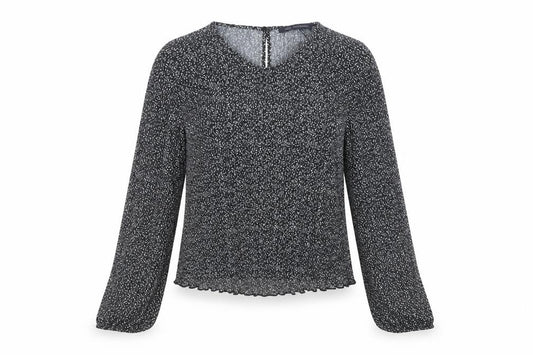 Front view of Marks & Spencer women’s black geometric polyester basic blouse, size UK 10, round neck