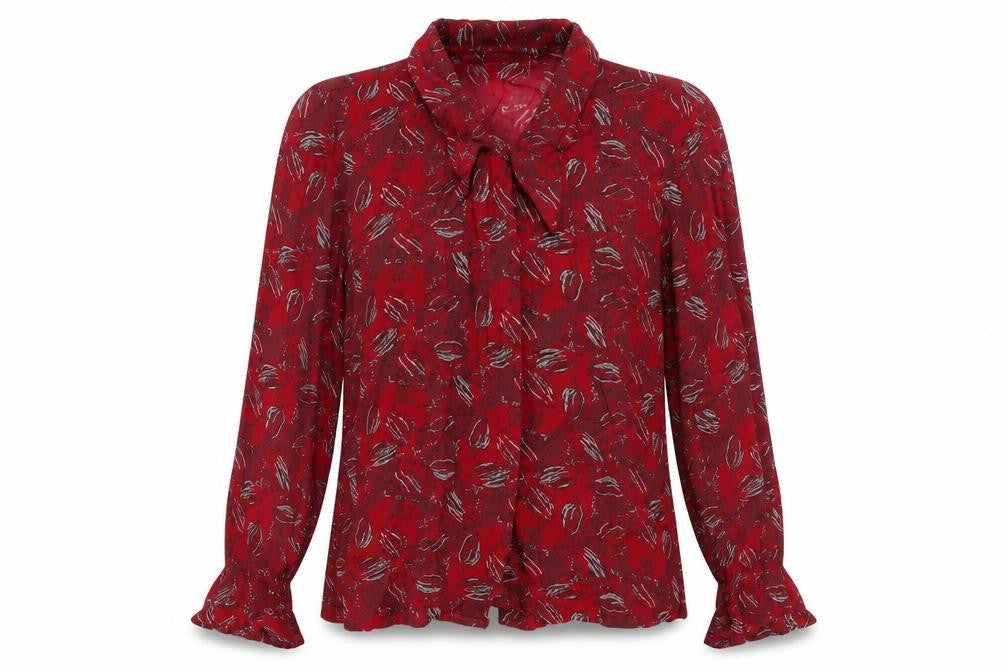 Front view of Off Shoot women’s red geometric viscose basic button-up, size S, collared
