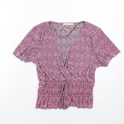 Pull&Bear Womens Pink Polka Dot Polyester Basic T-Shirt Size M V-Neck