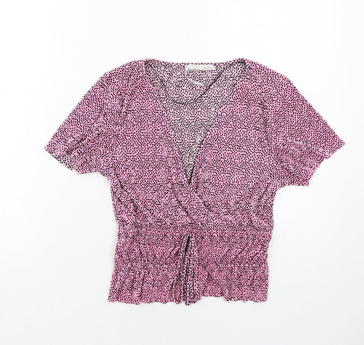 Pull&Bear Womens Pink Polka Dot Polyester Basic T-Shirt Size M V-Neck