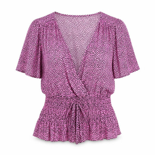 Front view of Pull&Bear women’s pink polka dot polyester basic t-shirt, size M, v-neck