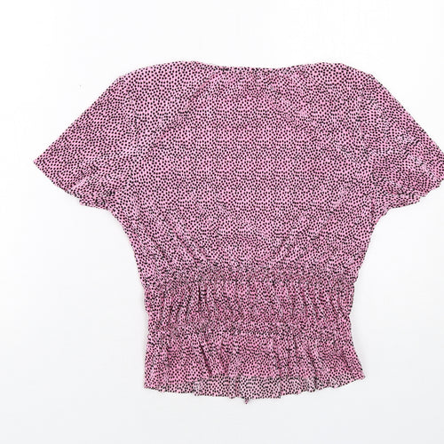 Pull&Bear Womens Pink Polka Dot Polyester Basic T-Shirt Size M V-Neck