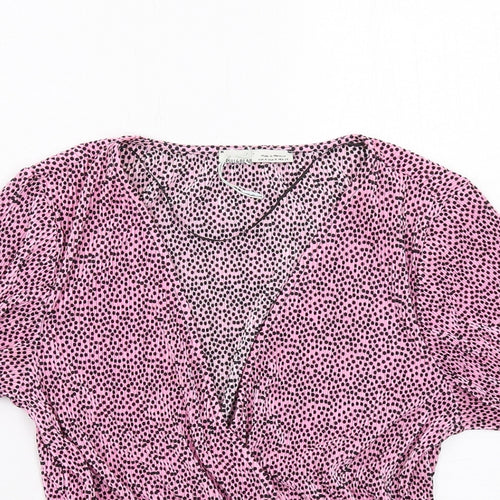 Pull&Bear Womens Pink Polka Dot Polyester Basic T-Shirt Size M V-Neck