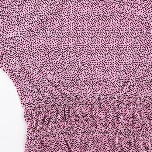 Pull&Bear Womens Pink Polka Dot Polyester Basic T-Shirt Size M V-Neck