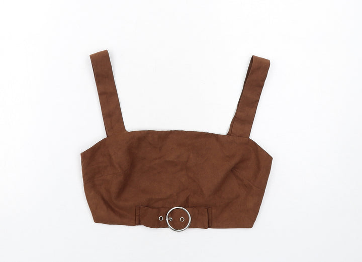 PRETTYLITTLETHING Womens Brown Polyester Cropped Tank Size 6 Square Neck