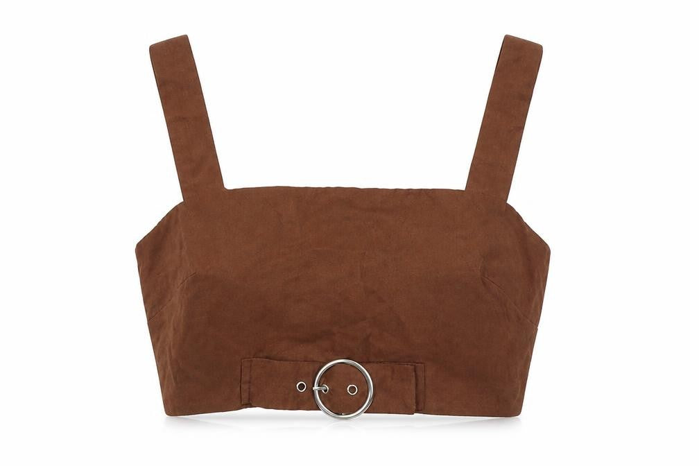 Front view of PRETTYLITTLETHING women’s brown polyester cropped tank, size UK 6, square neck
