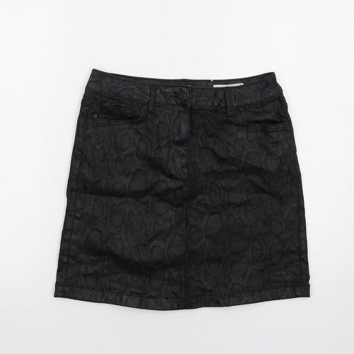 Marks and Spencer Womens Black Animal Print Cotton A-Line Skirt Size 8 Zip - Snakeskin Pattern