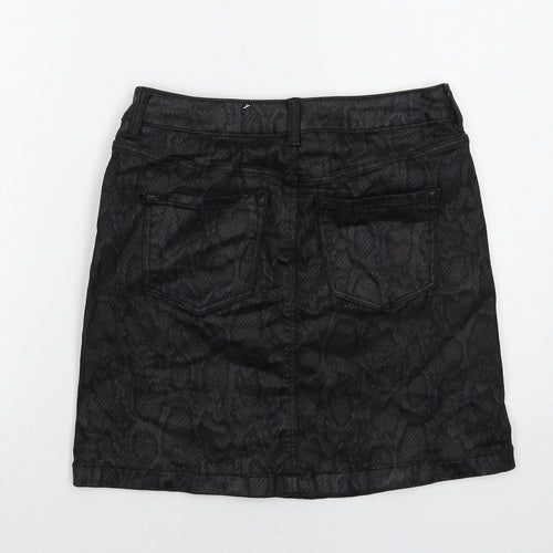 Marks and Spencer Womens Black Animal Print Cotton A-Line Skirt Size 8 Zip - Snakeskin Pattern