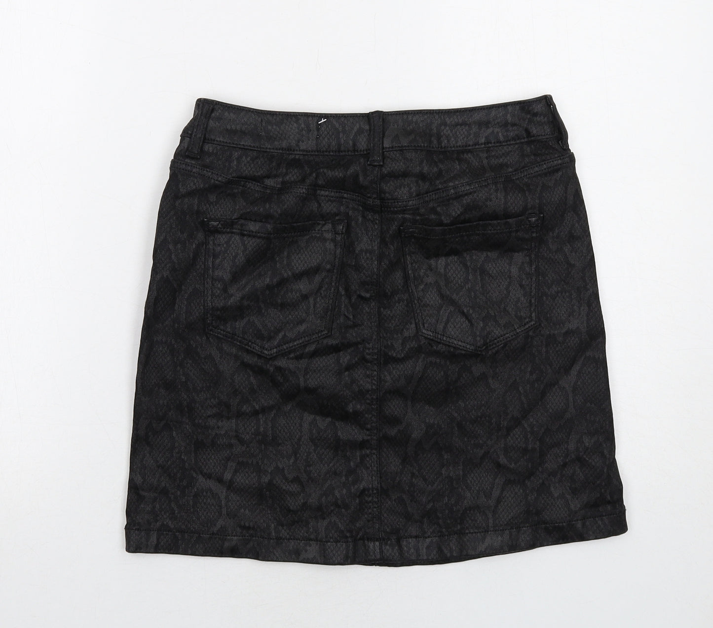 Marks and Spencer Womens Black Animal Print Cotton A-Line Skirt Size 8 Zip - Snakeskin Pattern