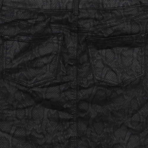 Marks and Spencer Womens Black Animal Print Cotton A-Line Skirt Size 8 Zip - Snakeskin Pattern