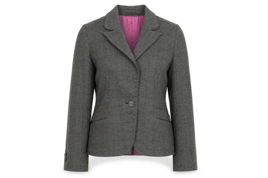 Front view of Next women’s grey check polyester jacket blazer, size UK 6