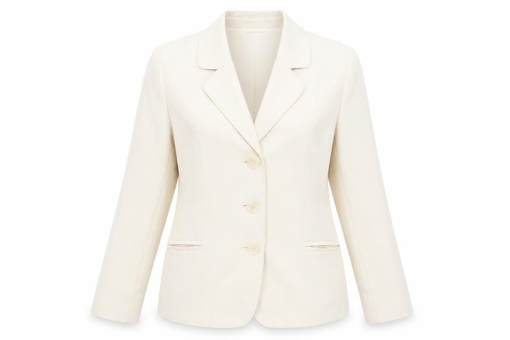Front view of BHS women’s beige polyester jacket blazer, size UK 14