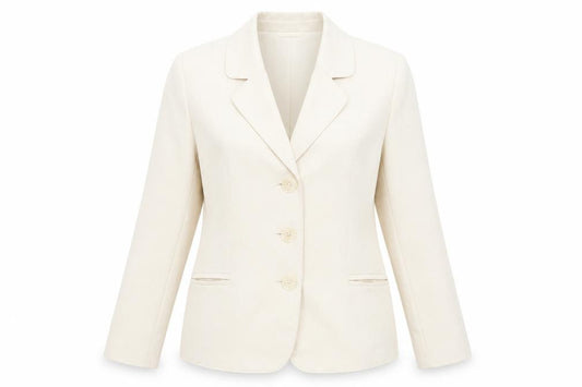 Front view of BHS women’s beige polyester jacket blazer, size UK 14