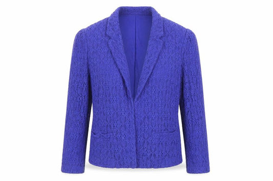 Front view of Morgan women’s blue jacket blazer, size UK 12, hook & eye