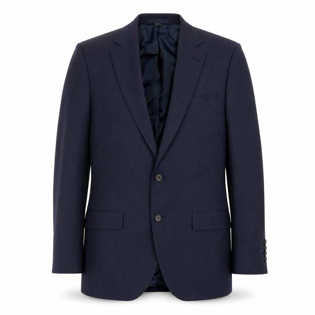 Front view of Marks & Spencer men’s blue striped polyester jacket suit jacket, size 38, regular