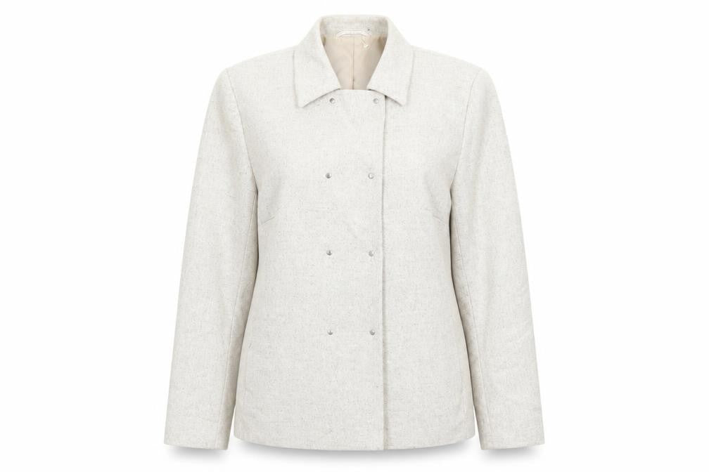 Front view of Steilmann women’s beige geometric jacket blazer, size UK 16, snap