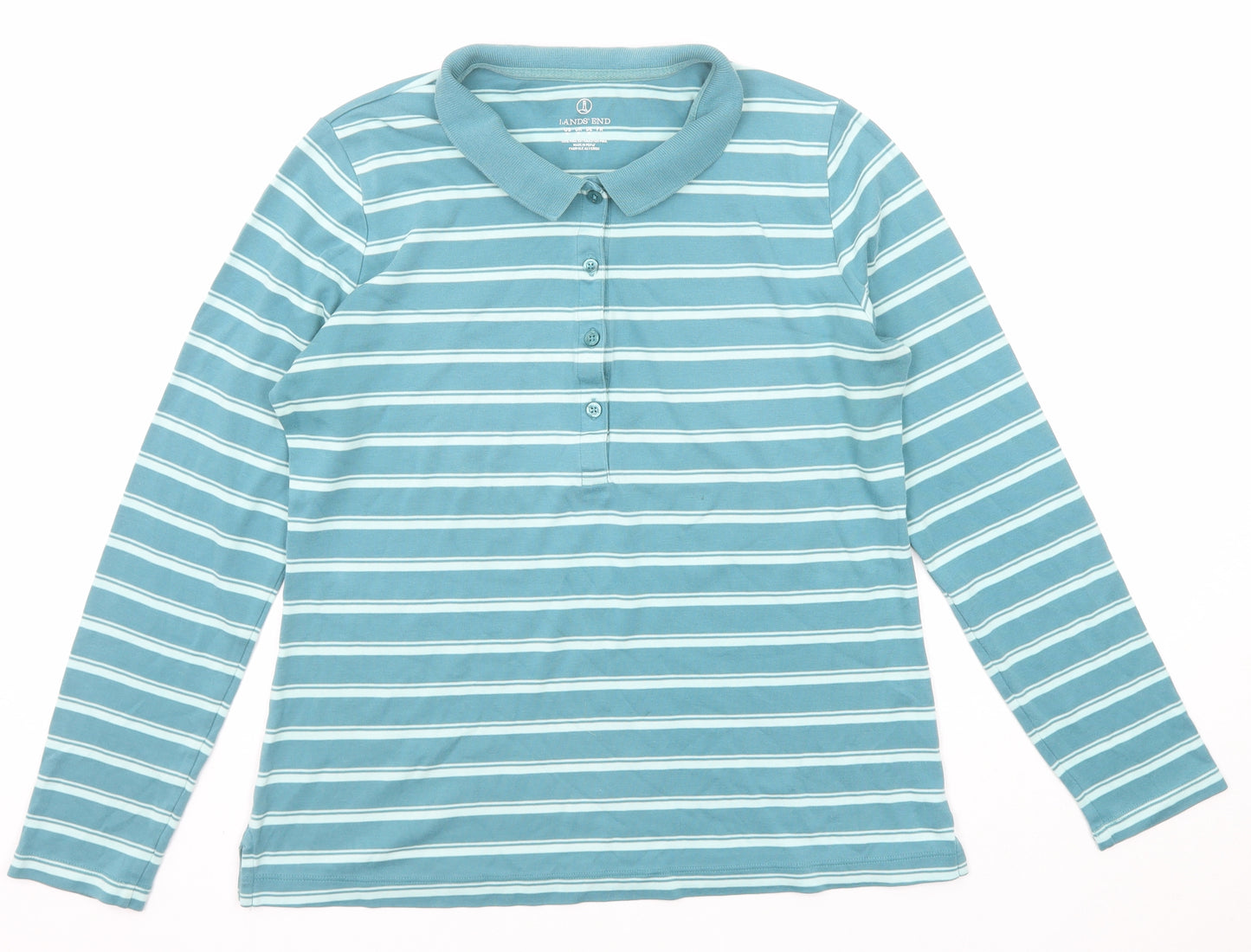 Lands' End Mens Blue Striped Cotton Polo Size M Collared Button
