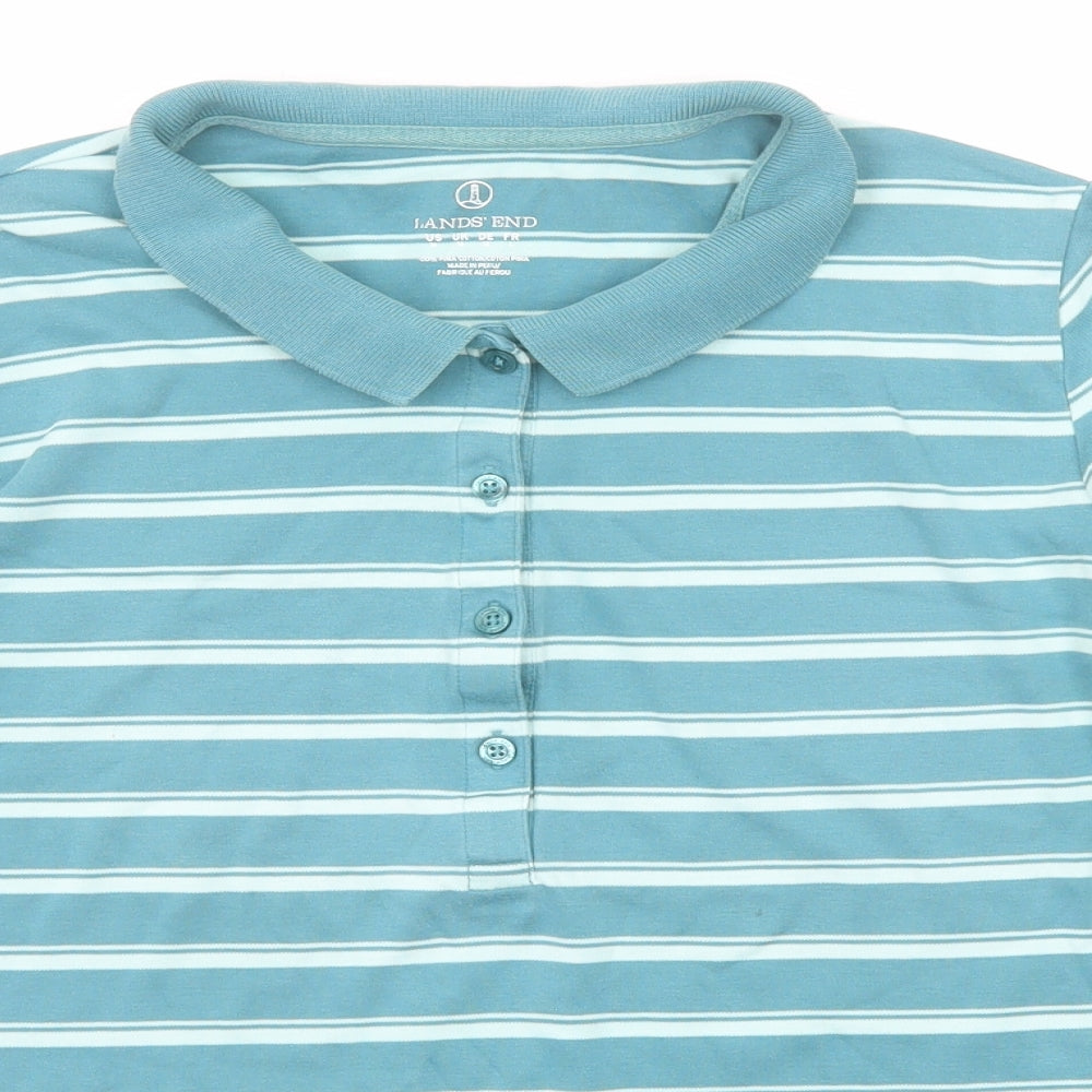 Lands' End Mens Blue Striped Cotton Polo Size M Collared Button