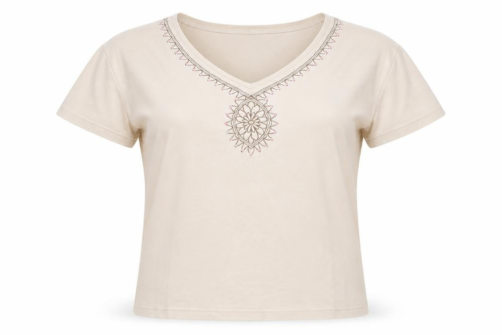 Front view of EWM women’s beige polyester basic t-shirt, size M, v-neck