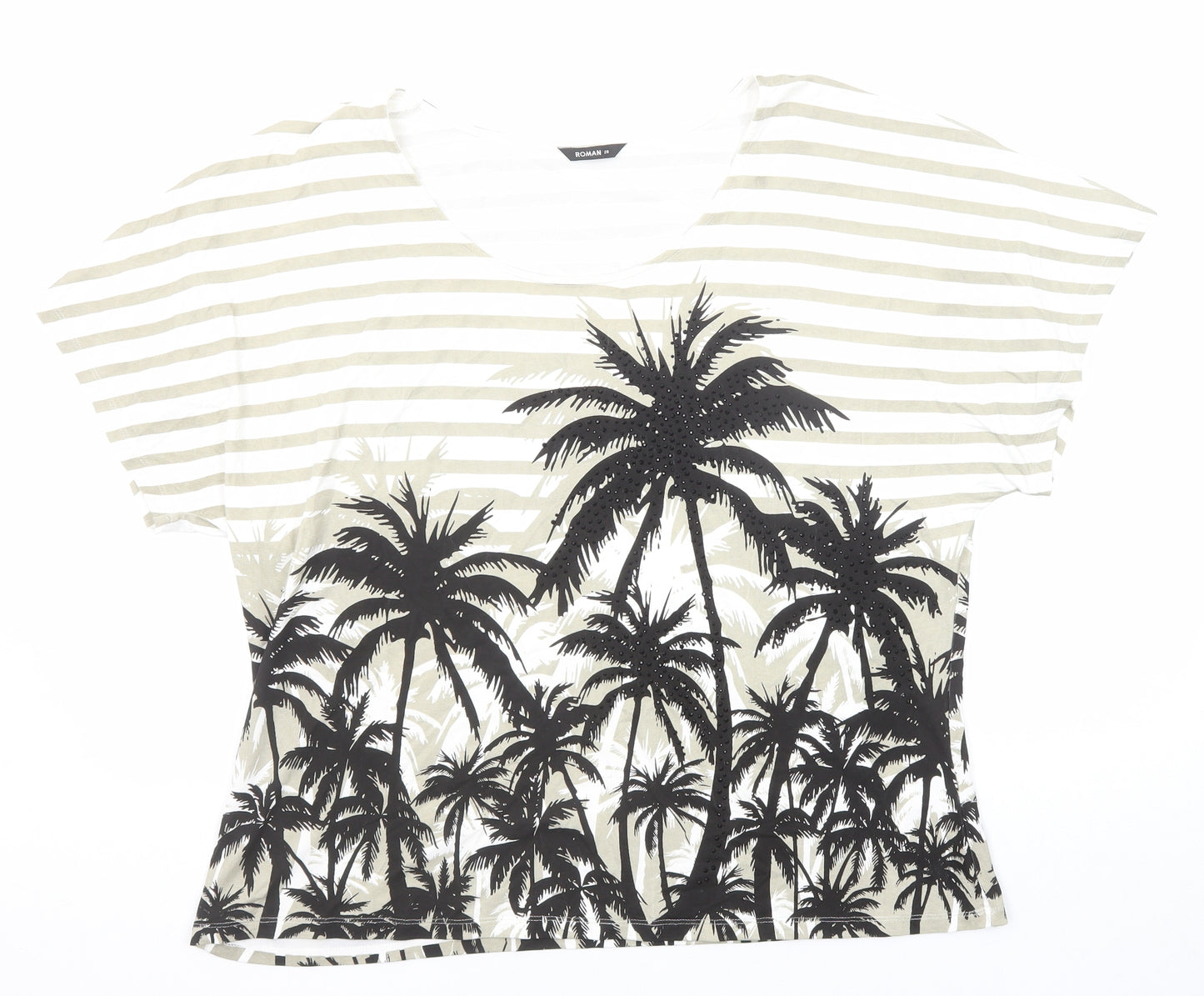 Roman Womens Beige Striped Viscose Basic T-Shirt Size 20 Round Neck - Palm Tree