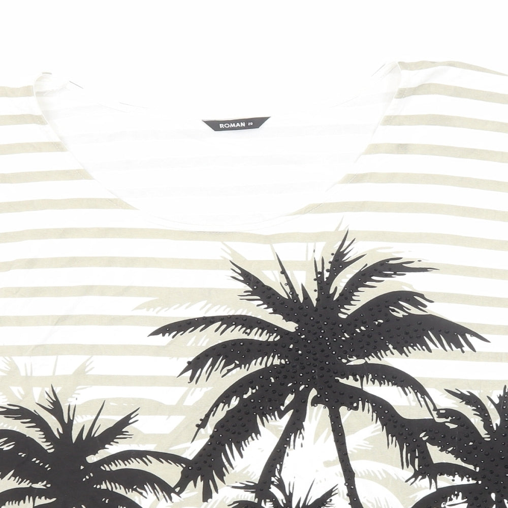 Roman Womens Beige Striped Viscose Basic T-Shirt Size 20 Round Neck - Palm Tree