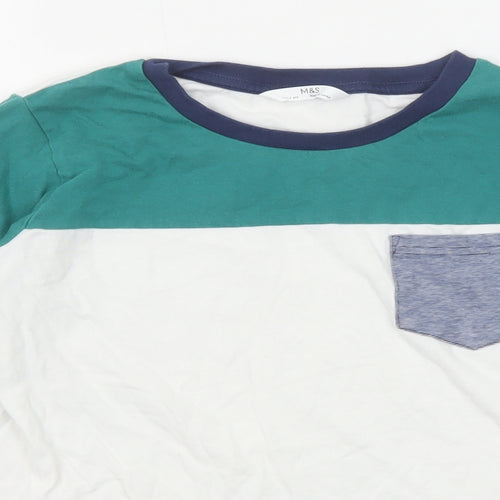Marks and Spencer Boys Green Colourblock Cotton Basic T-Shirt Size 11-12 Years Round Neck Pullover