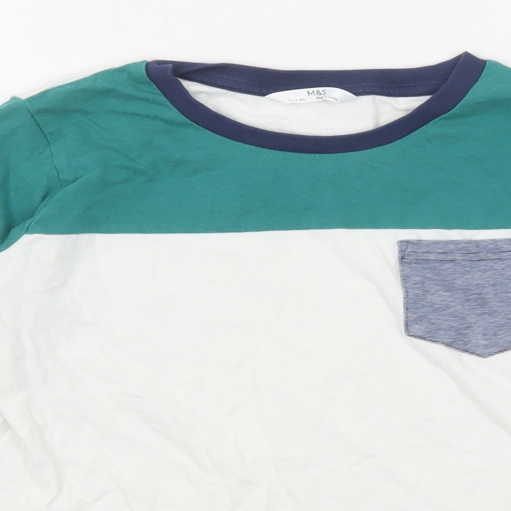 Marks and Spencer Boys Green Colourblock Cotton Basic T-Shirt Size 11-12 Years Round Neck Pullover