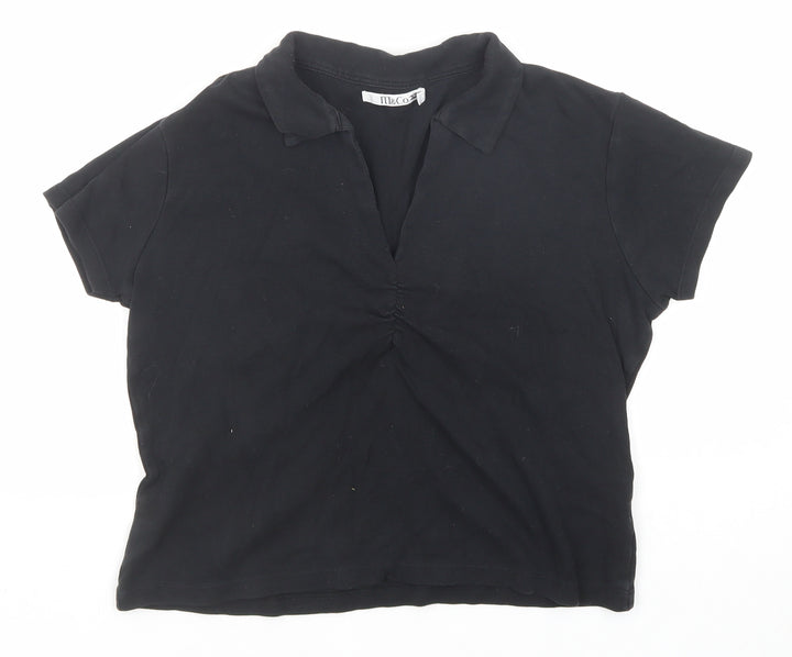 M&Co Womens Black Cotton Basic Polo Size M Collared