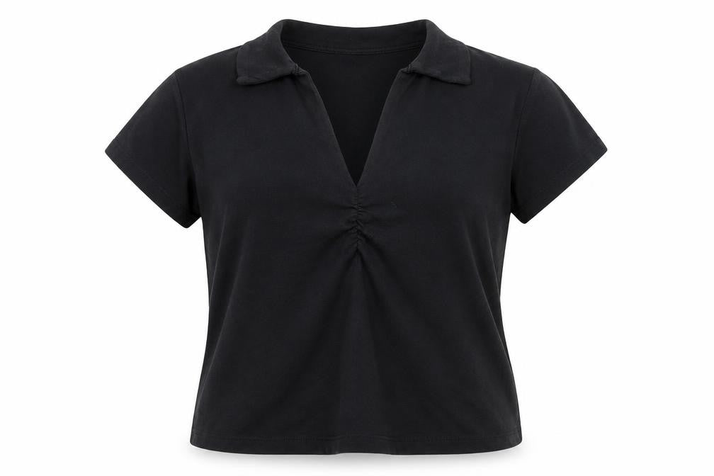 Front view of M&Co women’s black cotton basic polo, size M, collared