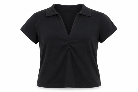 Front view of M&Co women’s black cotton basic polo, size M, collared