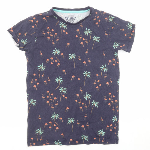 West Coast Boys Blue Geometric Cotton Basic T-Shirt Size 13 Years Round Neck Pullover - Palm Tree